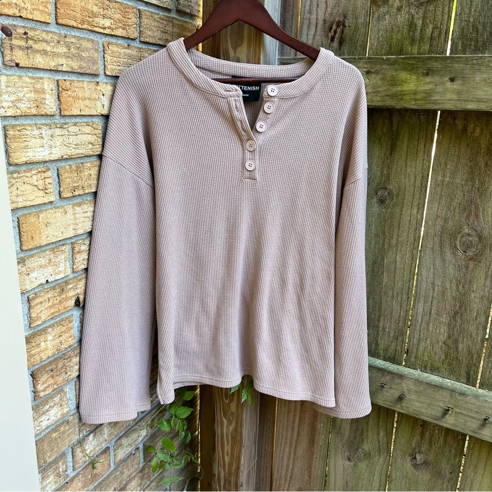 Kittenish Waffle Knit Henley in Light Brown